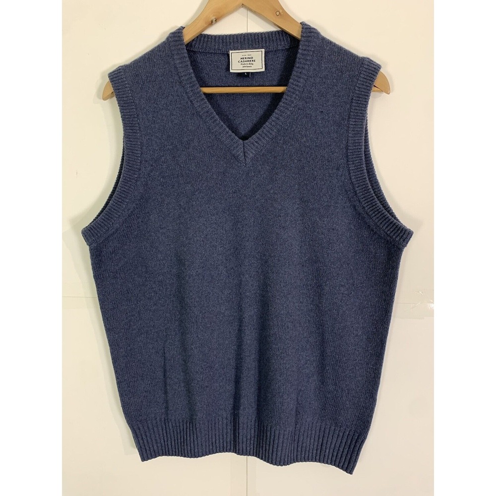 John Lewis Sweater Vest Merino Wool Cashmere Men's L Blue V Neck Pullover Italy